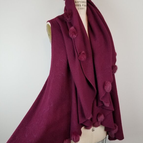 Vintage Wine Burgundy Knit Long Vest with Dramatic Collar & Rabbit Fur Pom Poms - Picture 6 of 11